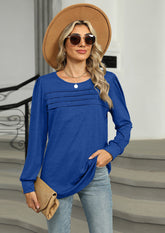 Solid Pleated Long Sleeve Casual T-shirt